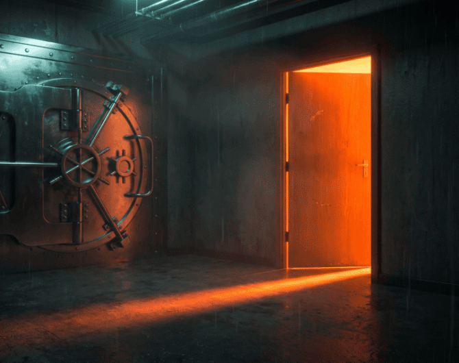 Vault door slightly open with glowing orange light in dark room.