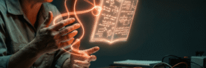 Person interacting with holographic AI and digital data visualization.