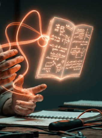 Person interacting with holographic AI and digital data visualization.