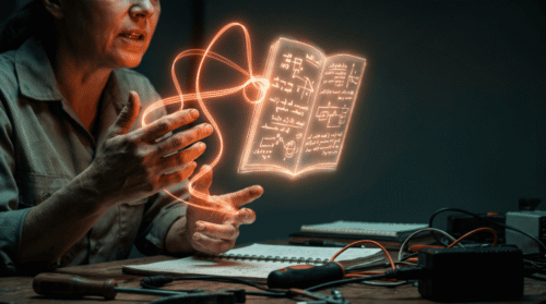 Person interacting with holographic AI and digital data visualization.