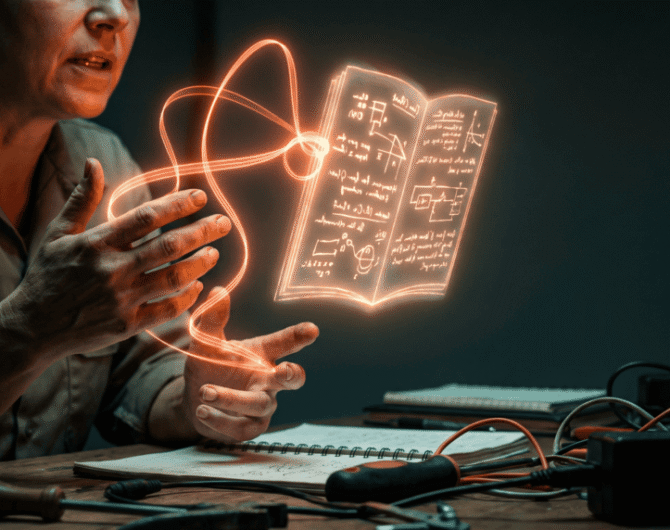 Person interacting with holographic AI and digital data visualization.