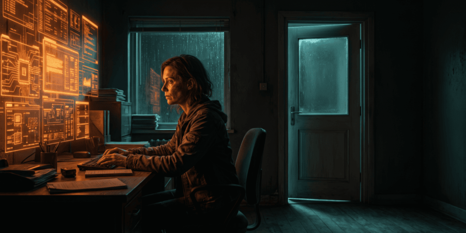 Woman working on AI and data analysis in a dark room with multiple screens.