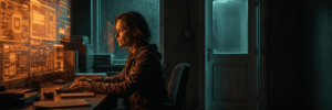 Woman working on AI and data analysis in a dark room with multiple screens.