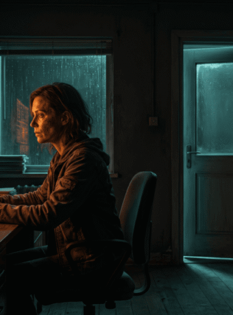 Woman working on AI and data analysis in a dark room with multiple screens.