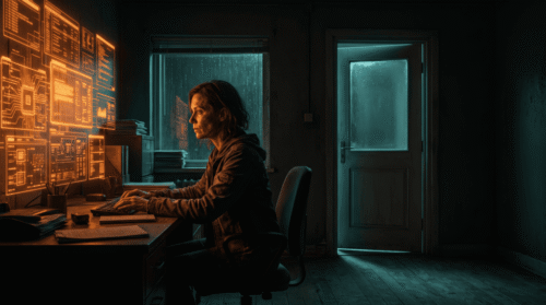 Woman working on AI and data analysis in a dark room with multiple screens.
