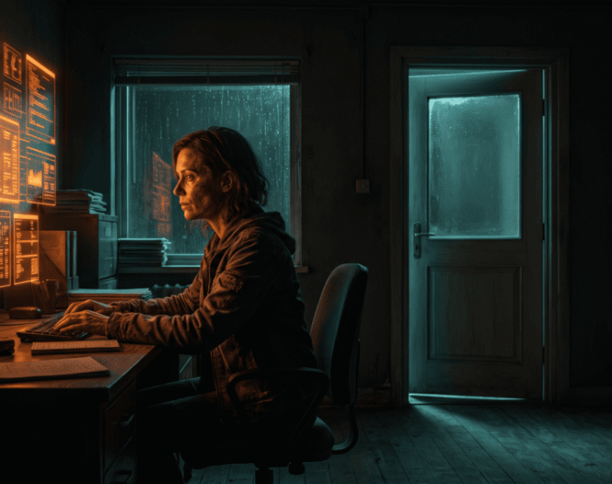 Woman working on AI and data analysis in a dark room with multiple screens.