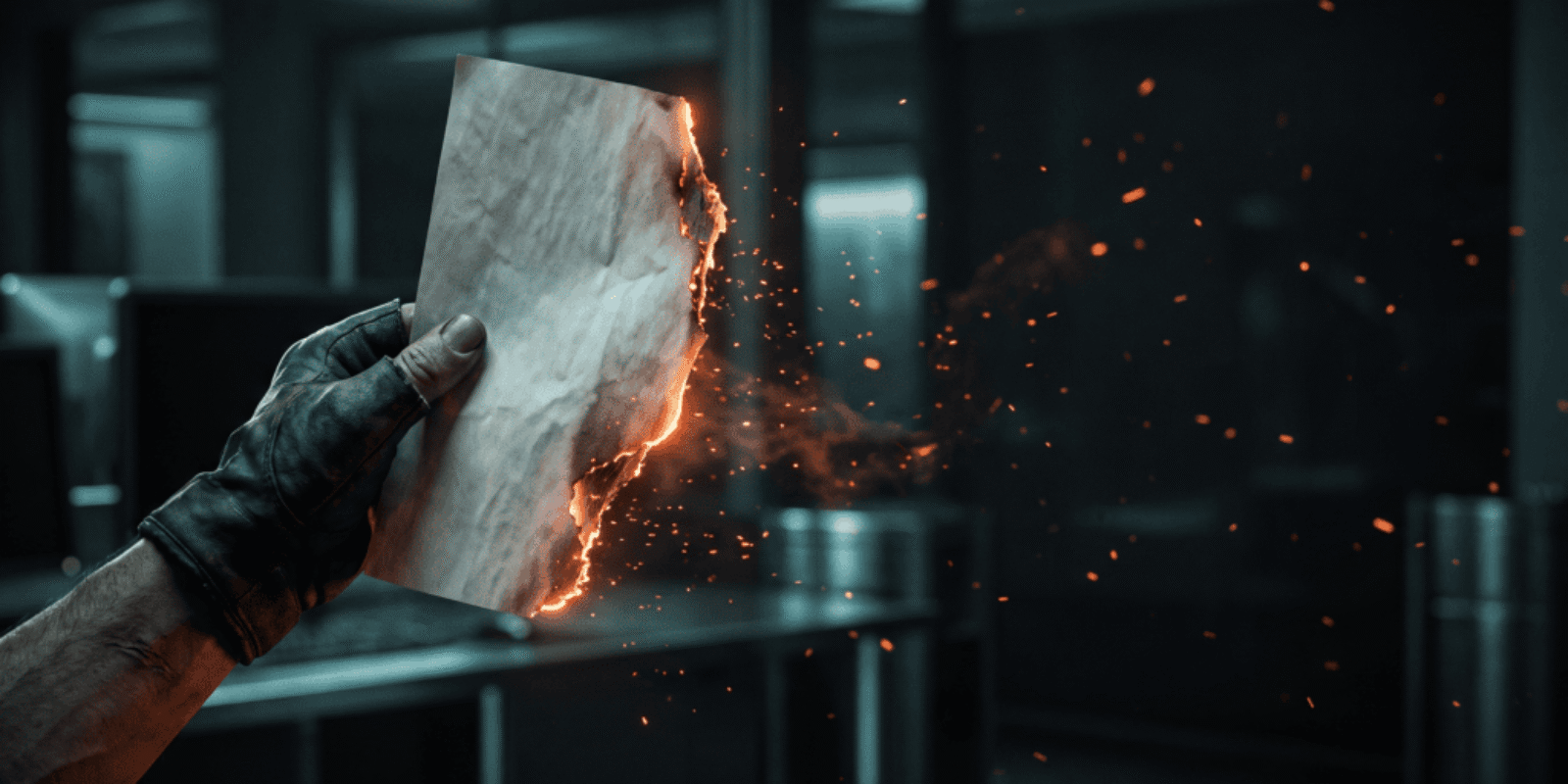 Worker cutting metal with sparks flying in industrial setting.
