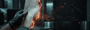 Worker cutting metal with sparks flying in industrial setting.