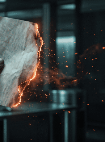Worker cutting metal with sparks flying in industrial setting.