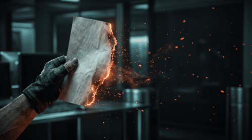 Worker cutting metal with sparks flying in industrial setting.