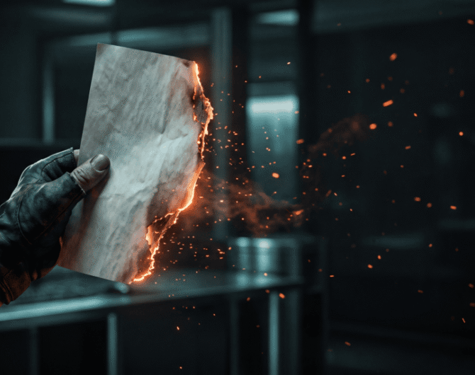 Worker cutting metal with sparks flying in industrial setting.