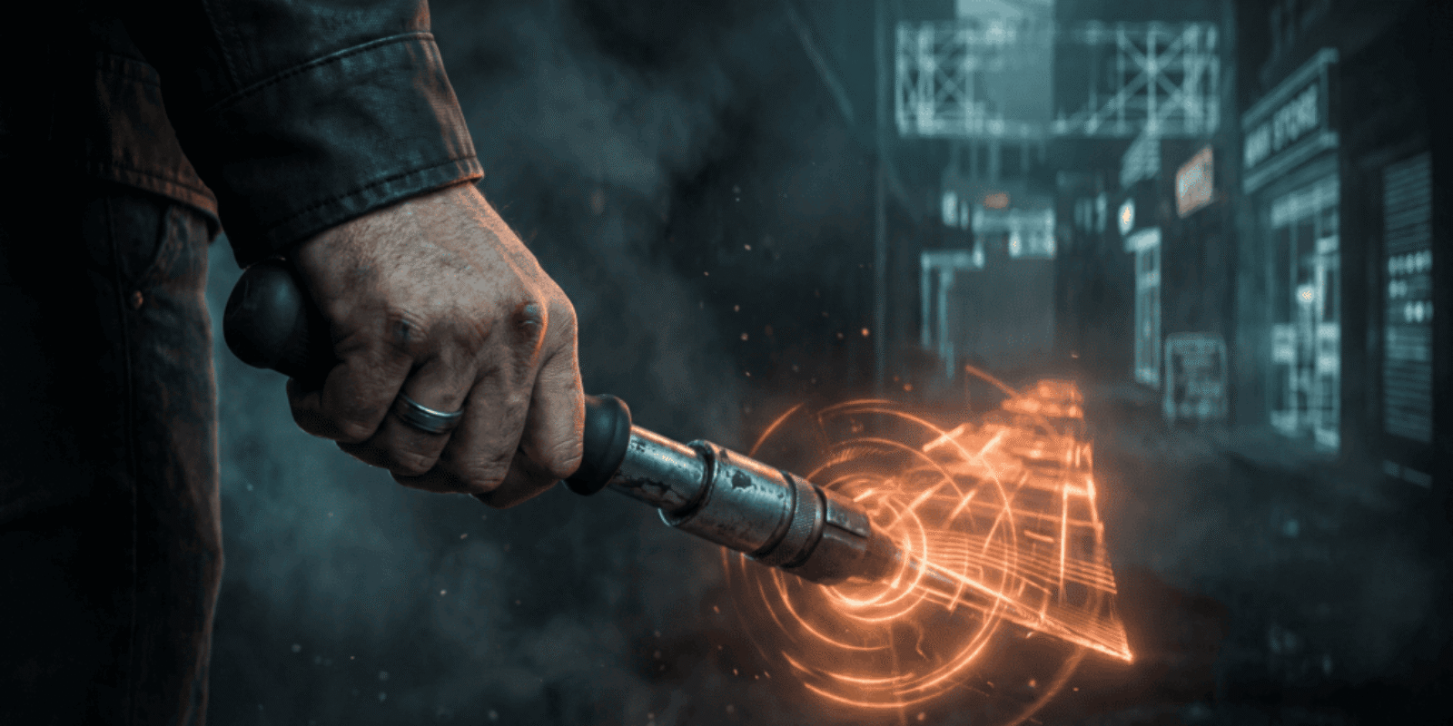 Person using a digital torch to explore futuristic cityscape with holographic data.