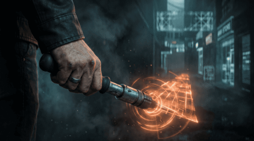 Person using a digital torch to explore futuristic cityscape with holographic data.