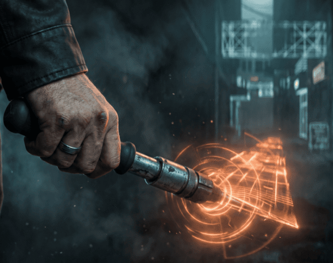 Person using a digital torch to explore futuristic cityscape with holographic data.