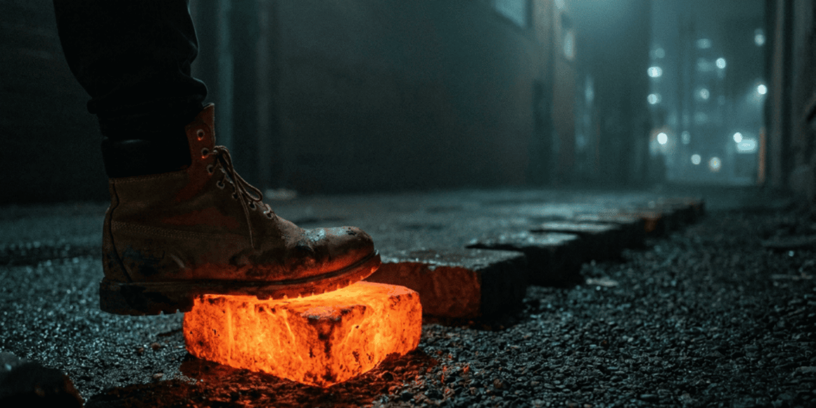 A work boot stepping onto the first stone in a line of stepping stones, only that first stone lit in neon orange, the rest receding unlit into darkness