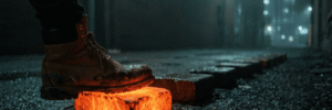 A work boot stepping onto the first stone in a line of stepping stones, only that first stone lit in neon orange, the rest receding unlit into darkness