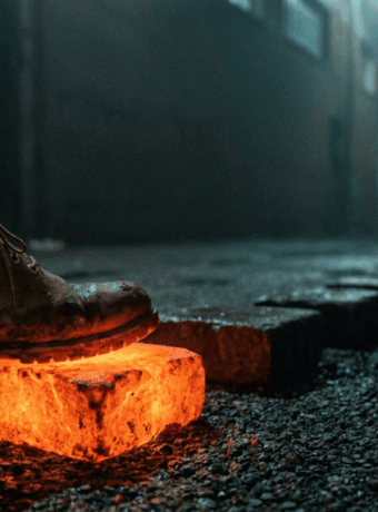 A work boot stepping onto the first stone in a line of stepping stones, only that first stone lit in neon orange, the rest receding unlit into darkness