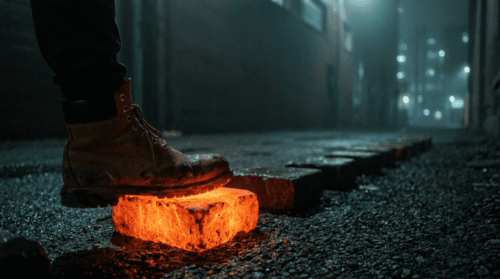 A work boot stepping onto the first stone in a line of stepping stones, only that first stone lit in neon orange, the rest receding unlit into darkness