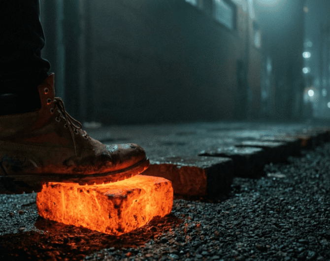 A work boot stepping onto the first stone in a line of stepping stones, only that first stone lit in neon orange, the rest receding unlit into darkness