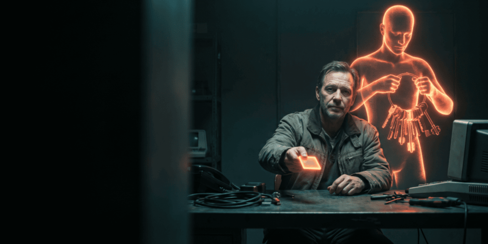 Man using advanced AI device with holographic AI figure in background.
