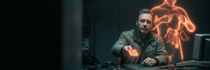 Man using advanced AI device with holographic AI figure in background.