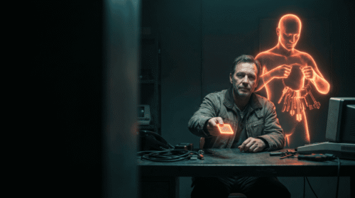 Man using advanced AI device with holographic AI figure in background.