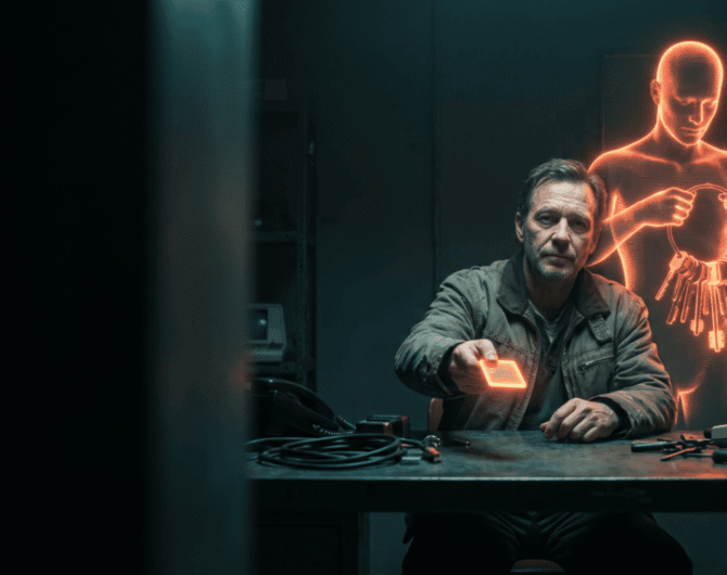 Man using advanced AI device with holographic AI figure in background.