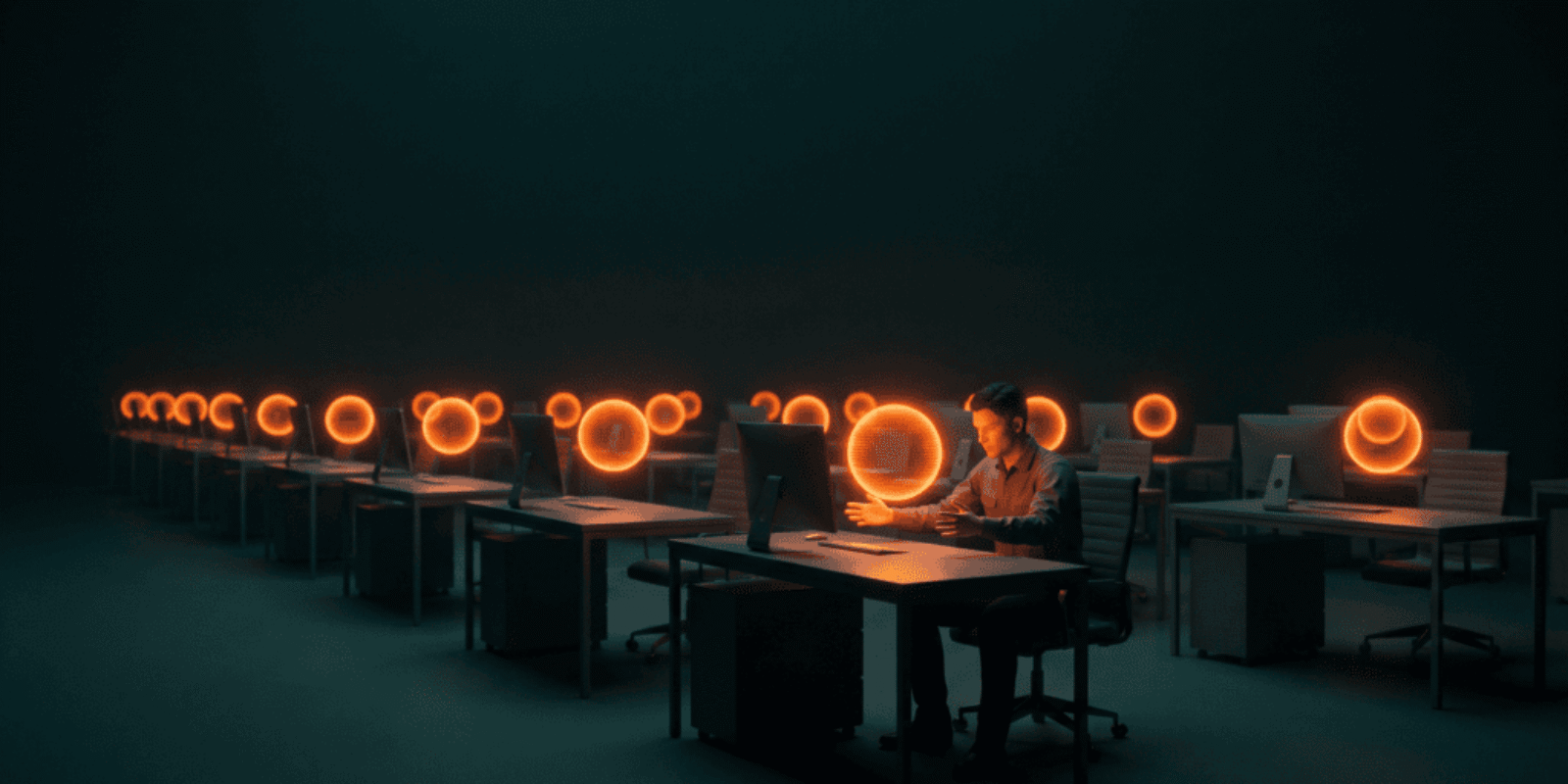 Person working in a high-tech AI control room with neon orange circular displays.