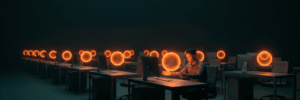 Person working in a high-tech AI control room with neon orange circular displays.