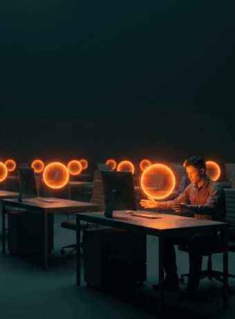 Person working in a high-tech AI control room with neon orange circular displays.