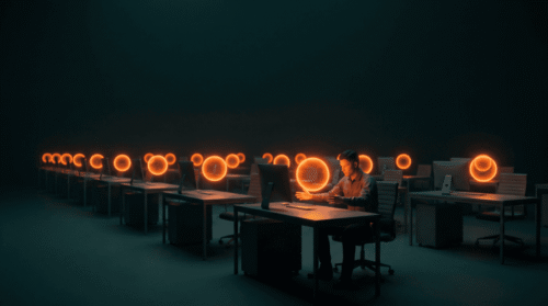Person working in a high-tech AI control room with neon orange circular displays.