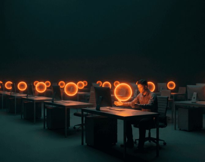 Person working in a high-tech AI control room with neon orange circular displays.