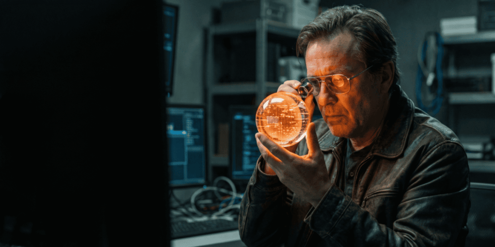 Man examining a glowing orange AI hologram in a high-tech lab.