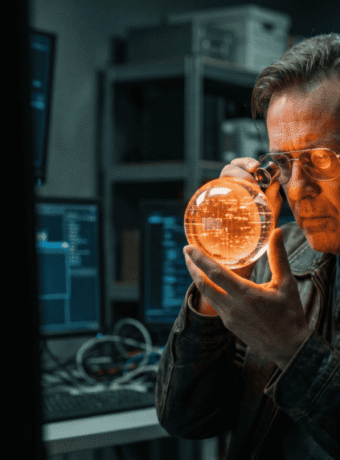 Man examining a glowing orange AI hologram in a high-tech lab.