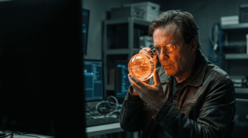 Man examining a glowing orange AI hologram in a high-tech lab.
