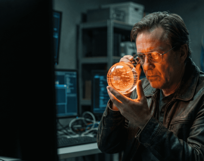 Man examining a glowing orange AI hologram in a high-tech lab.