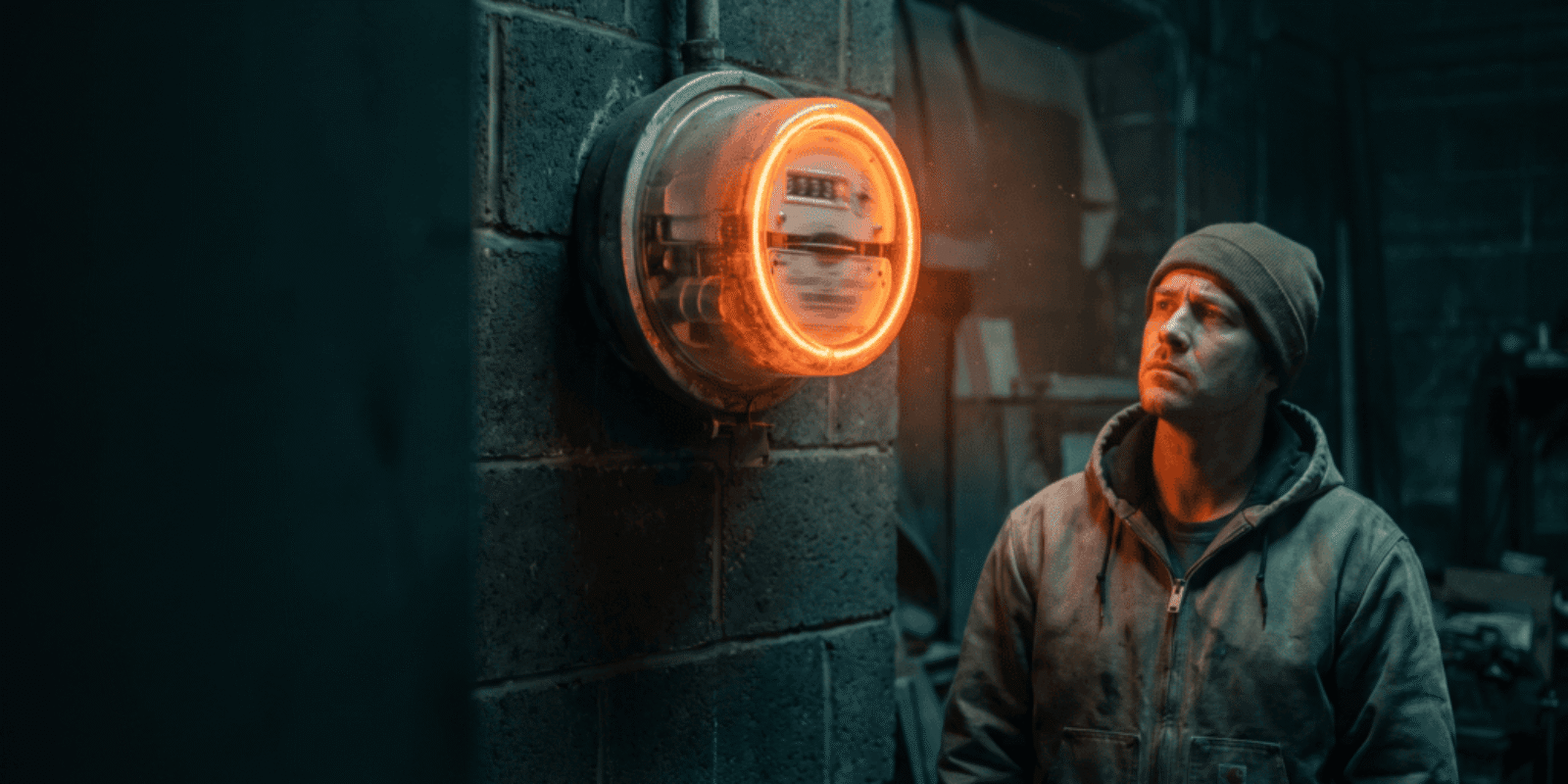 Man observing a glowing smart electric meter on a brick wall.