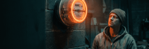 Man observing a glowing smart electric meter on a brick wall.