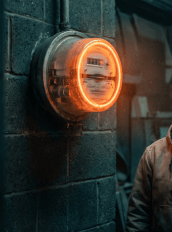 Man observing a glowing smart electric meter on a brick wall.