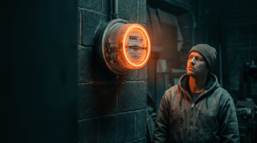 Man observing a glowing smart electric meter on a brick wall.