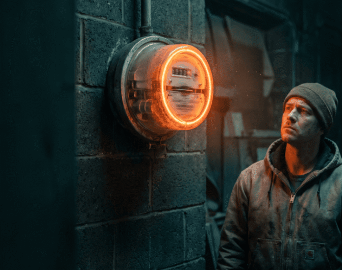 Man observing a glowing smart electric meter on a brick wall.