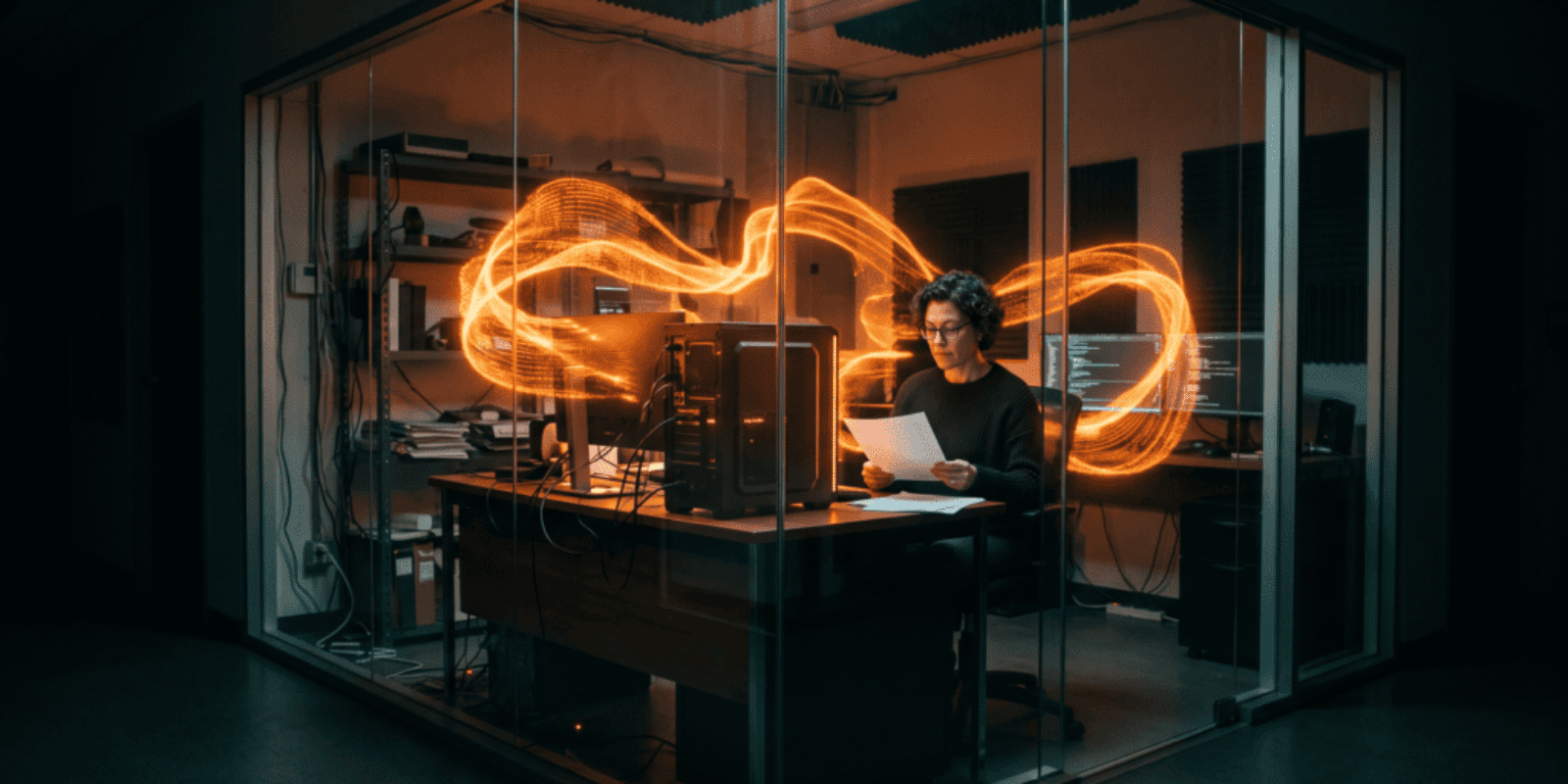 Person working on computer with AI and data visualization in a high-tech office.