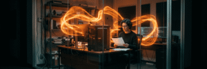 Person working on computer with AI and data visualization in a high-tech office.