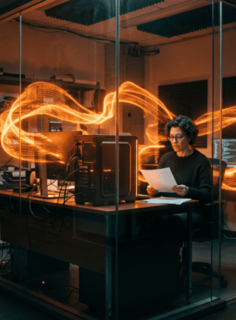 Person working on computer with AI and data visualization in a high-tech office.