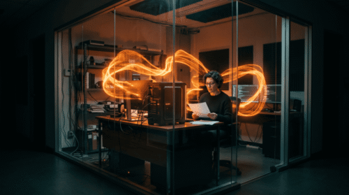 Person working on computer with AI and data visualization in a high-tech office.
