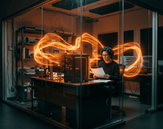 Person working on computer with AI and data visualization in a high-tech office.