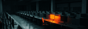 Dark data center with illuminated orange computer screens and empty workstations.