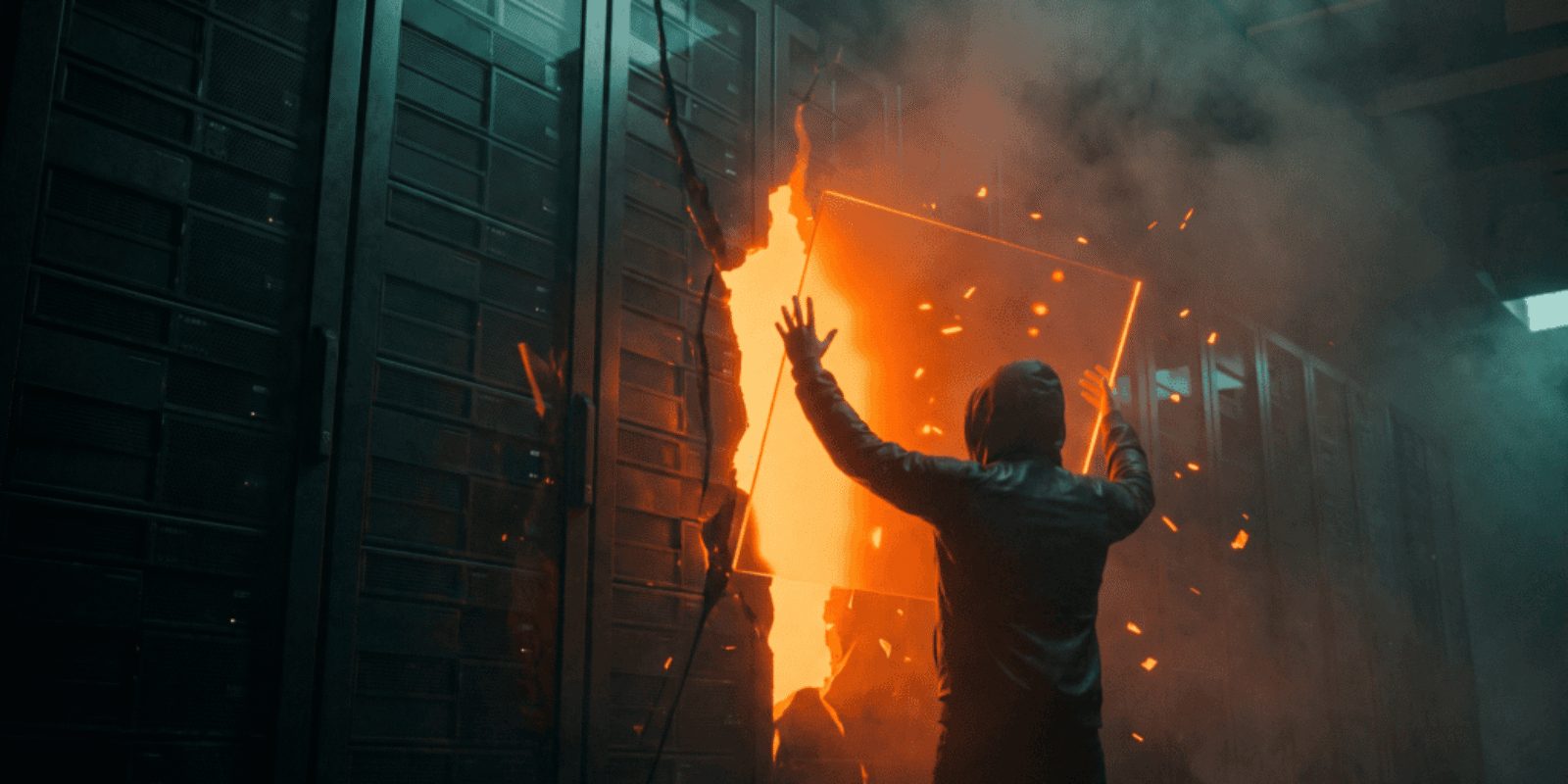 Person confronting fire and explosion in a data center server room.
