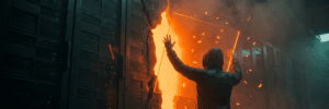 Person confronting fire and explosion in a data center server room.