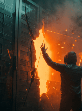 Person confronting fire and explosion in a data center server room.